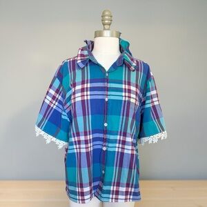 OOAK Upcycled Plaid Button Down with Crochet Lace Trim, Teal and Berry